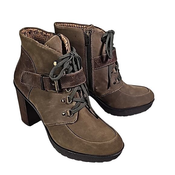 Nicole Sylvie Mint Brown Lace Up Look Zip Side Leather Ankle Boots Womens 9 NEW - Picture 1 of 11